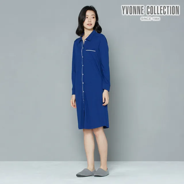 【YVONNE 以旺傢飾】暖薑纖維 襯衫式長袖洋裝(午夜藍)