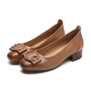 【MOM】真皮跟鞋 牛皮跟鞋 粗跟跟鞋/真皮頭層牛皮月牙釦蝴蝶結粗跟鞋(棕)