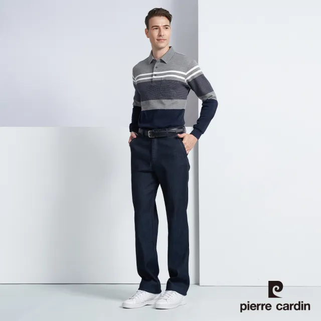 【pierre cardin 皮爾卡登】商務休閒 蓄熱保暖刷毛定位橫條長袖POLO衫-深藍色(5225284-38)