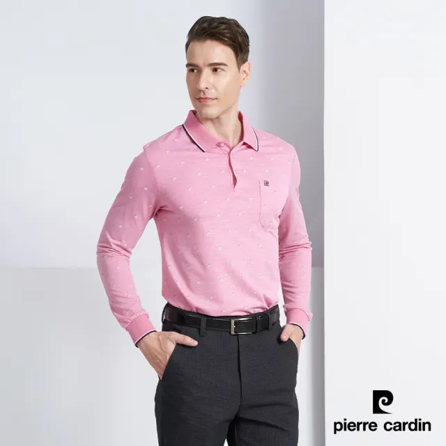 【pierre cardin 皮爾卡登】商務休閒 花朵印花長袖POLO衫-粉色(5225260-75)