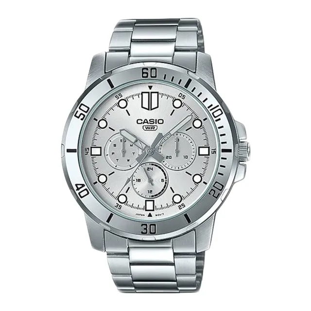 【CASIO 卡西歐】男錶 指針錶 三眼 不鏽鋼錶帶 生活防水 礦物玻璃 MTP-VD300(MTP-VD300D-7E)