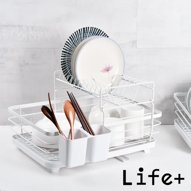 【Life+】日式簡約 雙層多功能碗盤餐具瀝水架/收納架/置物架/瀝水籃_附排水導管 