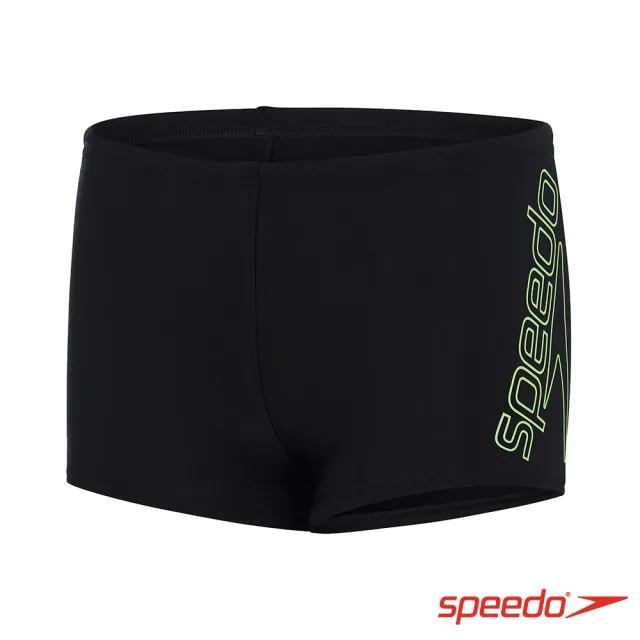 【SPEEDO】男孩 運動四角泳褲 Boom Logo(黑/綠)
