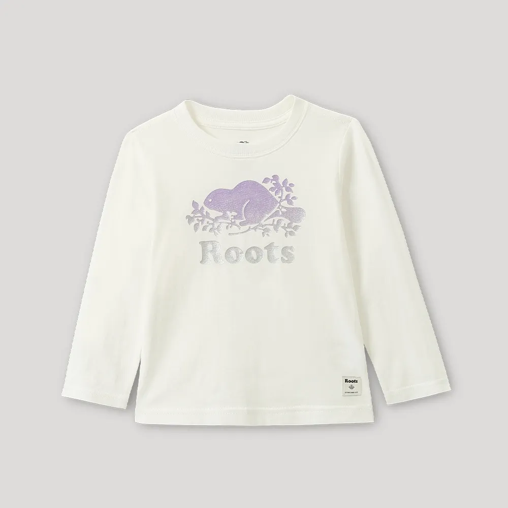 【Roots】Roots小童-活力閃爍系列 海狸LOGO亮粉長袖T恤(白色)