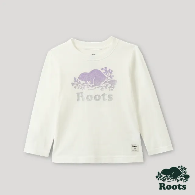 【Roots】Roots小童-活力閃爍系列 海狸LOGO亮粉長袖T恤(白色)