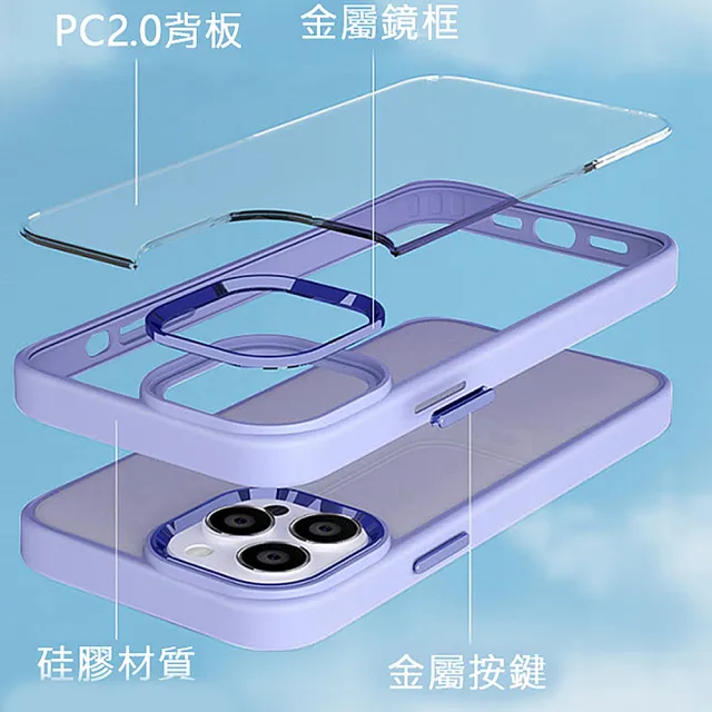 【HongXin】iPhone 13 Pro 6.1 透明背板金屬按鍵 防摔防撞 手機殼(深藍色)