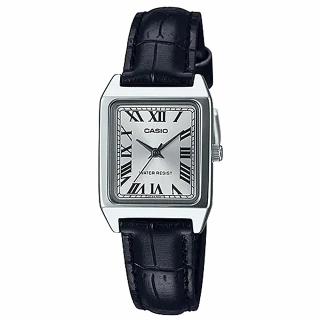 【CASIO 卡西歐】小巧氣質方形皮革腕錶/黑x銀面 羅馬數字款(LTP-V007L-7B1)
