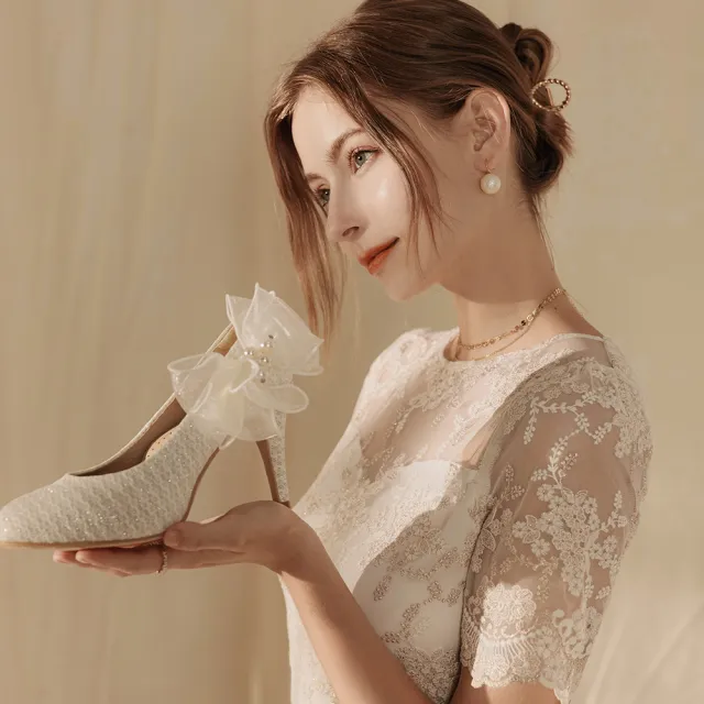 【Ann’S】甜蜜相遇-側邊立體珍珠蝴蝶結防水台圓頭婚鞋-9cm-版型偏小(白)