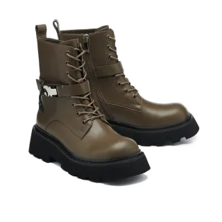 【HELENE SPARK】帥氣街頭感插釦牛皮綁帶厚底短靴(綠)