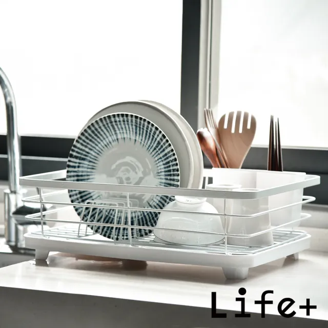 【Life+】日式簡約 單層多功能碗盤餐具瀝水架/收納架/置物架/瀝水籃_附排水導管