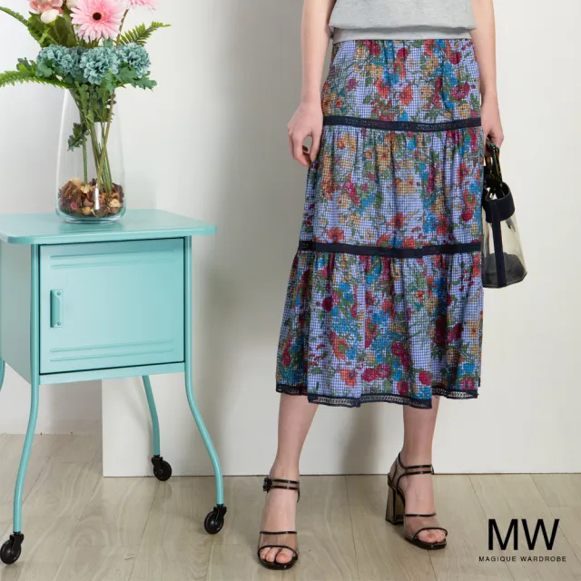 【MAGIQUE WARDROBE】純棉格紋印花拚接蕾絲長裙(2色)
