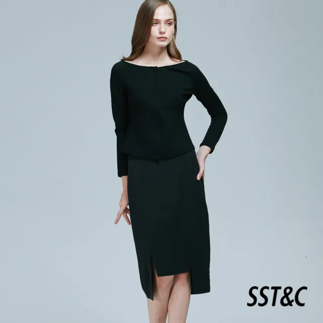 【SST&C 出清２折】黑色設計款開衩過膝窄裙7461809012