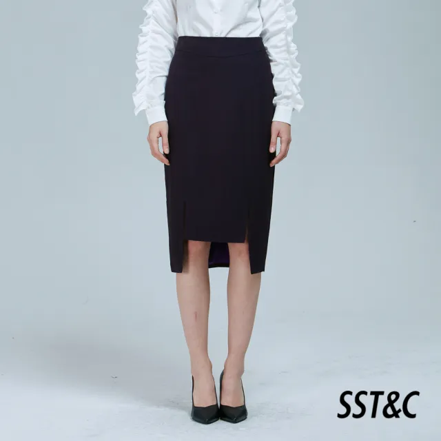 【SST&C 出清２折】暗紫色設計款開衩過膝窄裙7461809011