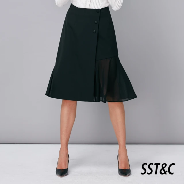 【SST&C 出清２折】黑色剪接設計過膝裙8361812004