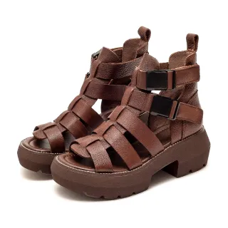 【Vecchio】真皮涼鞋 厚底涼鞋 粗跟涼鞋/全真皮頭層牛皮經典編織厚底防水台粗跟羅馬涼鞋(棕)