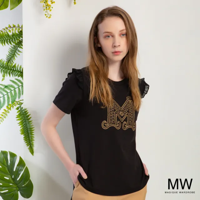 【MAGIQUE WARDROBE】M字刺繡拼接雪紡荷葉上衣(2色)