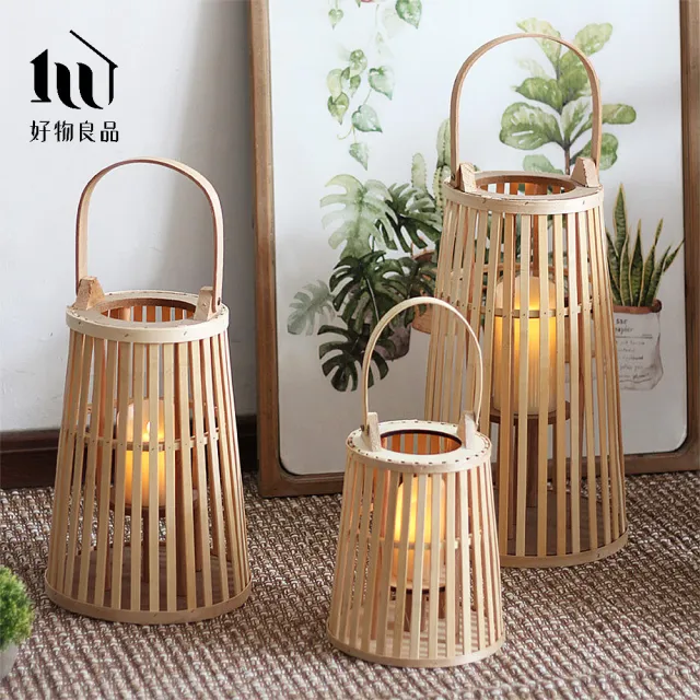 【好物良品】中款_日式簡約手工竹藝編織落地式裝飾籃吊掛燈(客廳陽台庭院裝飾品 飯店大廳擺飾品)