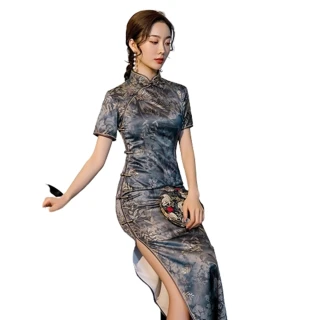 【米蘭精品】連身裙改良式旗袍(絲綢燙金短袖長款女裙子74cn16)