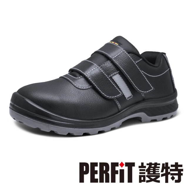 【PERFiT 護特】耐磨牛皮 反光設計 黏扣帶安全鞋(PN024-BK/鋼頭鞋/工作鞋/止滑鞋/不開口笑)