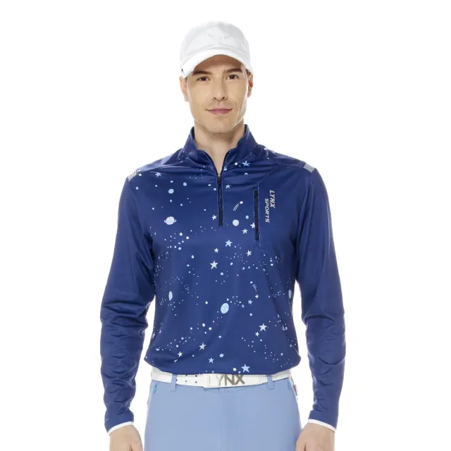 【Lynx Golf】男款合身版吸排拉鍊胸袋兩臂羅紋剪裁宇宙星空印花長袖POLO衫(三色)