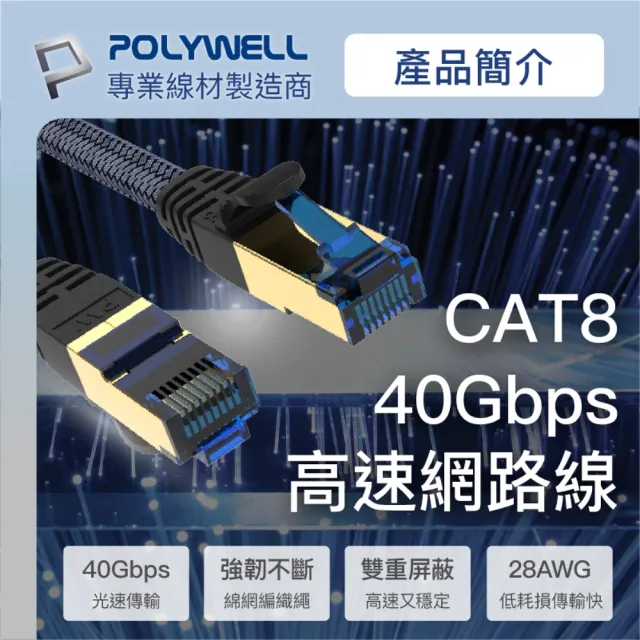 【POLYWELL】POLYWELL CAT8 40Gbps 超高速網路編織線 7米(鍍金外殼編織線)