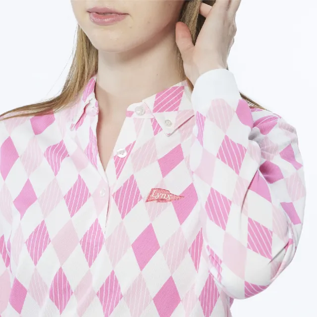 【Lynx Golf】女款吸濕排汗英倫風菱格直條印花長袖POLO衫/高爾夫球衫(粉紅色)
