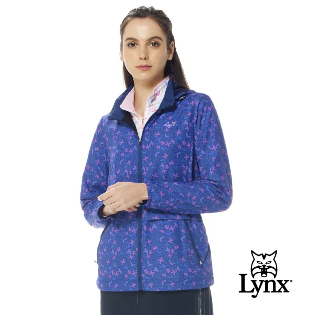 【Lynx Golf】女款保暖舒適TRICOT內刷毛塗鴉風彩色Lynx英文印花長袖可拆式連帽外套(二色)