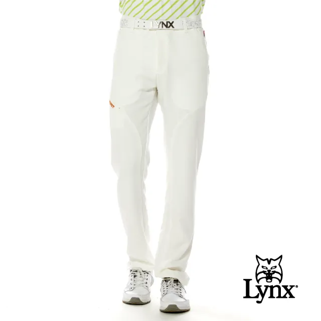 【Lynx Golf】男款彈性舒適素面款大腿繡花側袋拉鍊設計平口休閒長褲(三色)