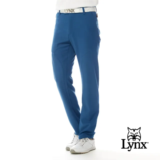 【Lynx Golf】男款彈性舒適素面款大腿繡花側袋拉鍊設計平口休閒長褲(三色)