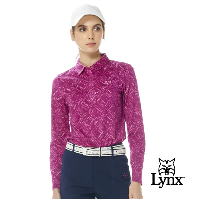 【Lynx Golf】女款純棉雙絲光滿版Lynx英文字樣印花長袖POLO衫/高爾夫球衫(二色)