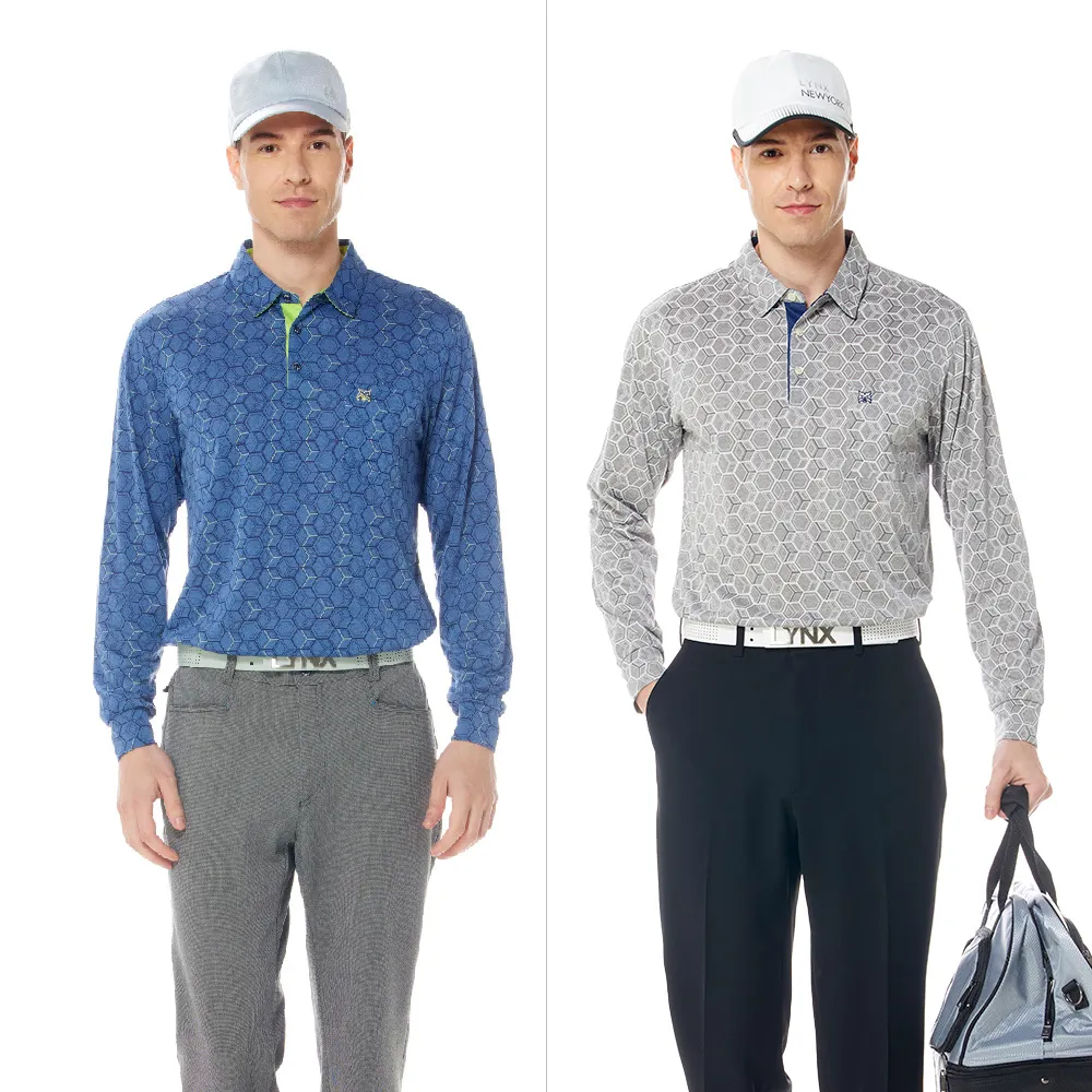 【Lynx Golf】男款吸溼排汗抗UV立體方型蜂巢印花胸袋款長袖POLO衫(二色)