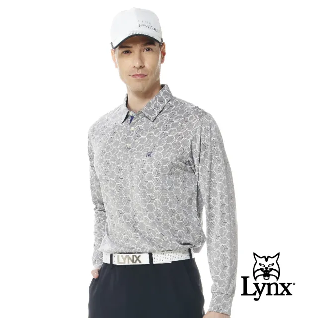 【Lynx Golf】男款吸溼排汗抗UV立體方型蜂巢印花胸袋款長袖POLO衫(二色)