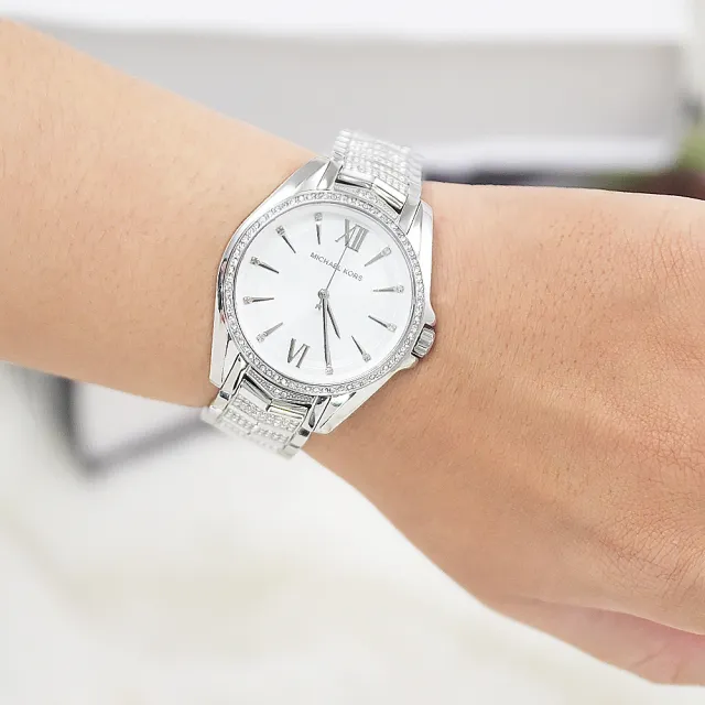 【Michael Kors】簡約經典LOGO水晶鑲鑽不鏽鋼時尚腕錶(銀 38mm)