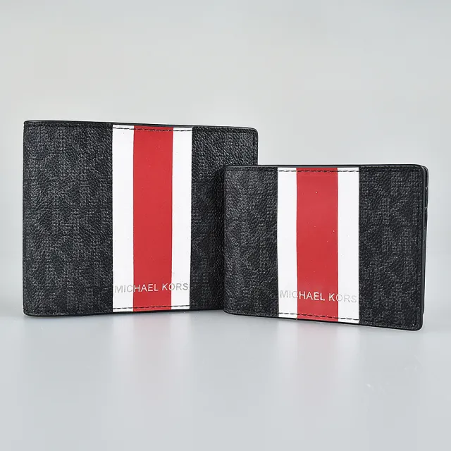 【Michael Kors】經典印花LOGO直條紋設計短夾禮盒(黑x紅白)
