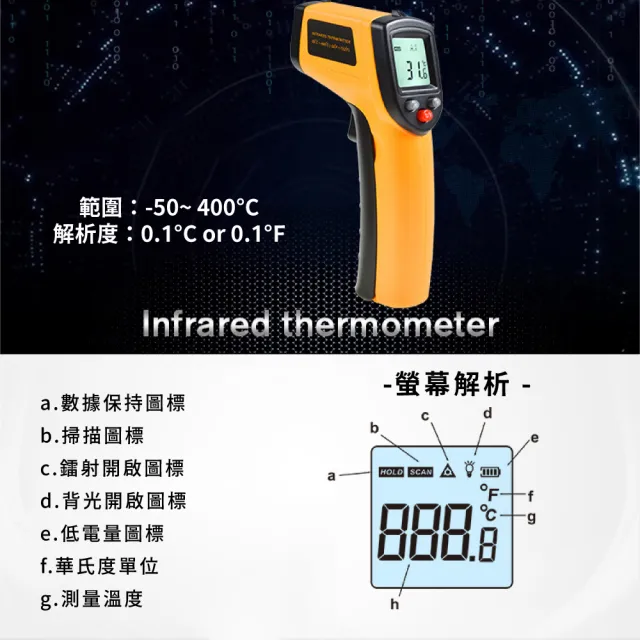 【精準測量】紅外線測溫槍-50-400℃(料理 攝氏 華氏 溫度槍 溫度計 測溫儀 測溫度 測溫器 油溫槍)