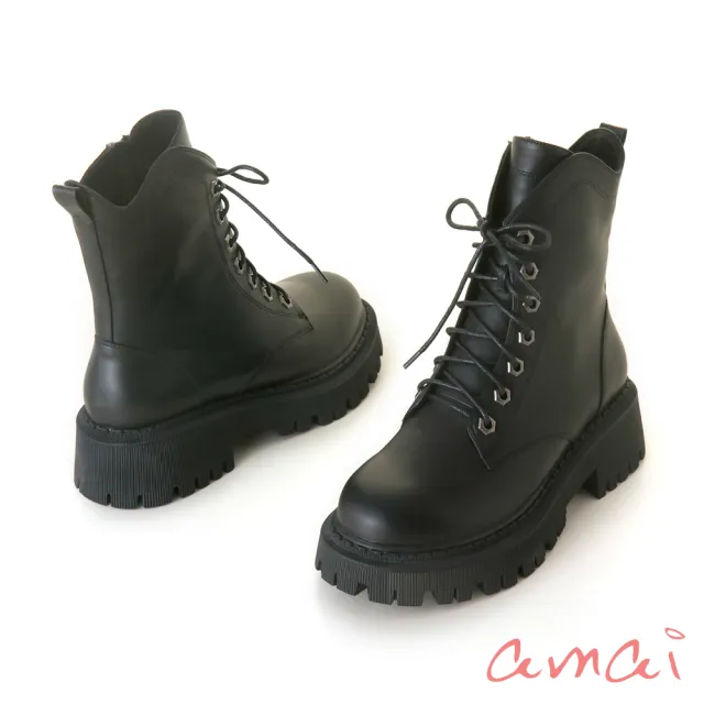 【amai】時尚率性圓頭厚底靴 機車靴 粗跟靴 短靴 中筒靴 厚底 中跟 百搭 英倫風 大尺碼 GB997BK(黑色)