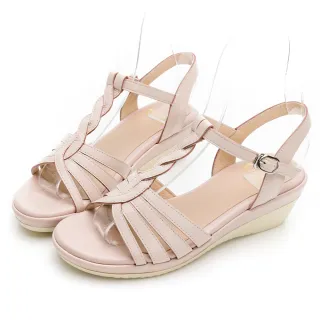 【GDC】羅馬女神交叉真皮編織楔型舒適涼鞋-粉色(213428-13)