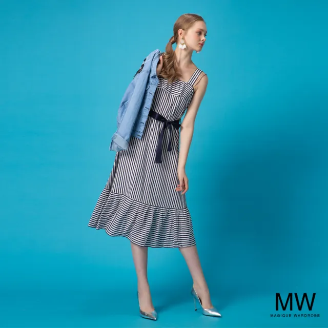 【MAGIQUE WARDROBE】肩帶綁帶條紋洋裝(2色)