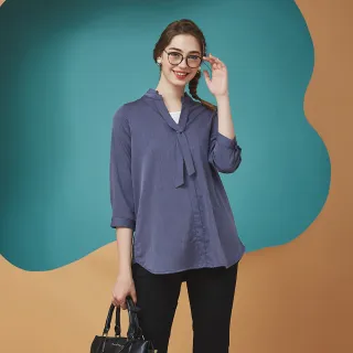 【MASTINA】假領帶休閒-女七分袖襯衫 造型 藍 綠(二色/版型適中)