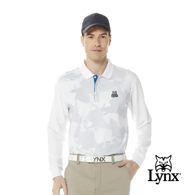 【Lynx Golf】男款遠紅外線功能保暖右肩針織帶剪接地圖印花設計長袖POLO衫(二色)