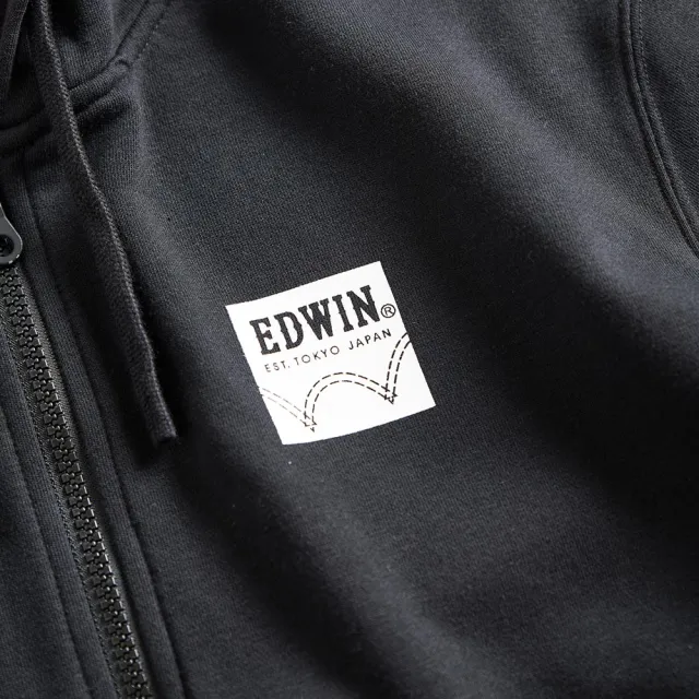 【EDWIN】男裝 網路獨家↘率性左袖LOGO連帽拉T外套(黑色)