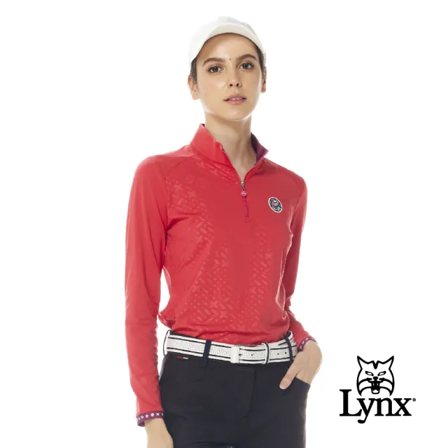 【Lynx Golf】女款合身版遠紅外線功能保暖內刷毛俏皮壓光印花長袖立領POLO衫/高爾夫球衫(二色)