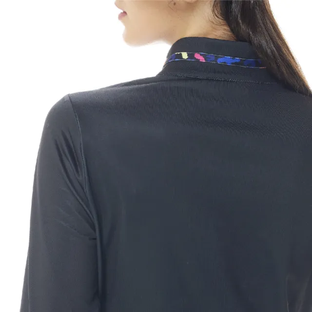 【Lynx Golf】女款合身版內刷毛半身剪裁印花立領配布設計長袖立領POLO衫/高爾夫球衫(二色)