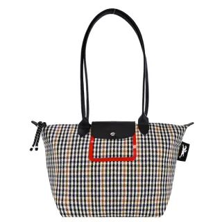 【LONGCHAMP】LE PLIAGE 系列千鳥格紋帆布長把肩背/斜背包(海軍藍x白蘭地酒)