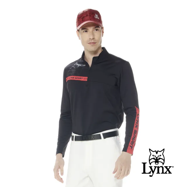 【Lynx Golf】男款合身版吸排功能保暖舒適內刷毛材質大山貓透明膠印款長袖立領POLO衫(三色)