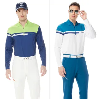 【Lynx Golf】男款合身版保暖舒適上下異色設計領口羅紋剪接變色膠印長袖立領POLO衫(二色)