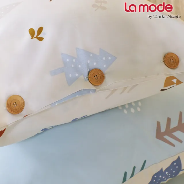【La mode】環保印染100%精梳棉兩用被床包組-北歐夢奇地+咕咕博士兩用抱枕毯(單人)