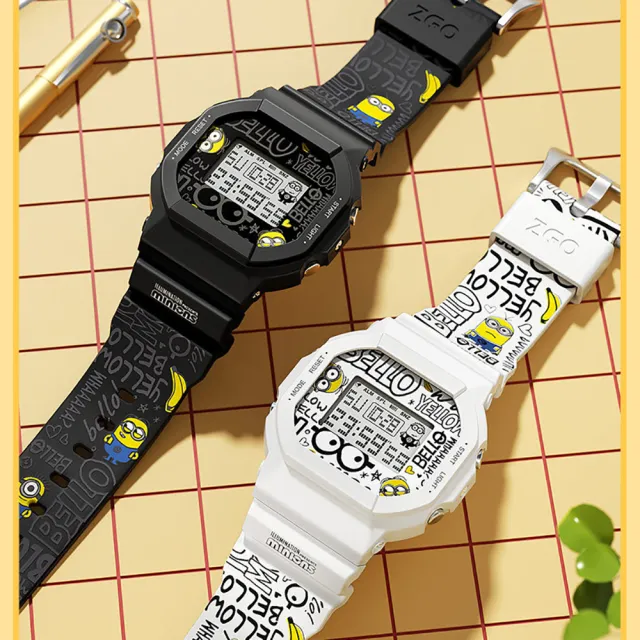 【MINIONS 小小兵】小小兵兒童手錶 小學生炫酷方形電子錶 夜光兒童錶-白色塗鴉款(電子錶 石英錶 平輸品)