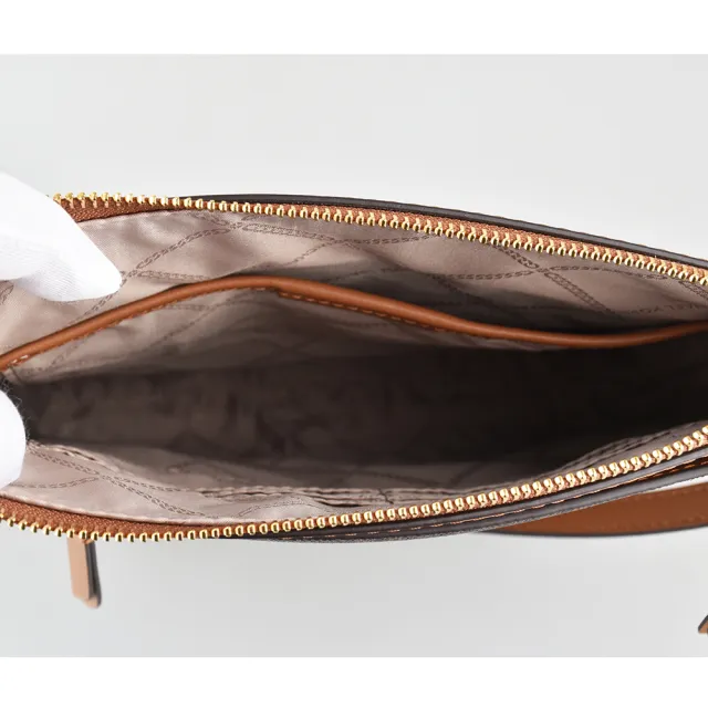 【Michael Kors】MK MICHAEL KORS JET SET經典字母LOGO滿版PVC牛皮飾邊拉鍊斜背包(深棕x橡子棕)