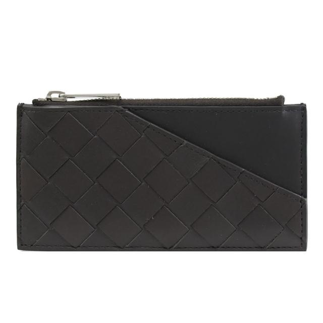 【BOTTEGA VENETA 寶緹嘉】撞色手工編織拼接小牛皮信用卡名片零錢包(深咖/黑)